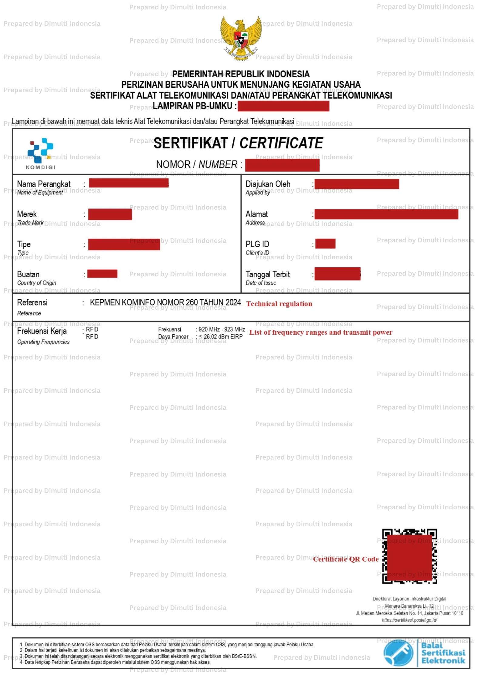Sample of Indonesia Type Approval Certificate