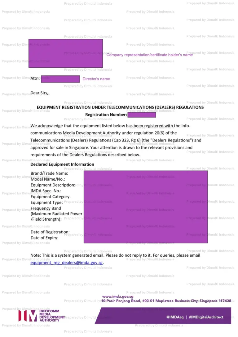 Sample of Certificate Singapore Type Approval
