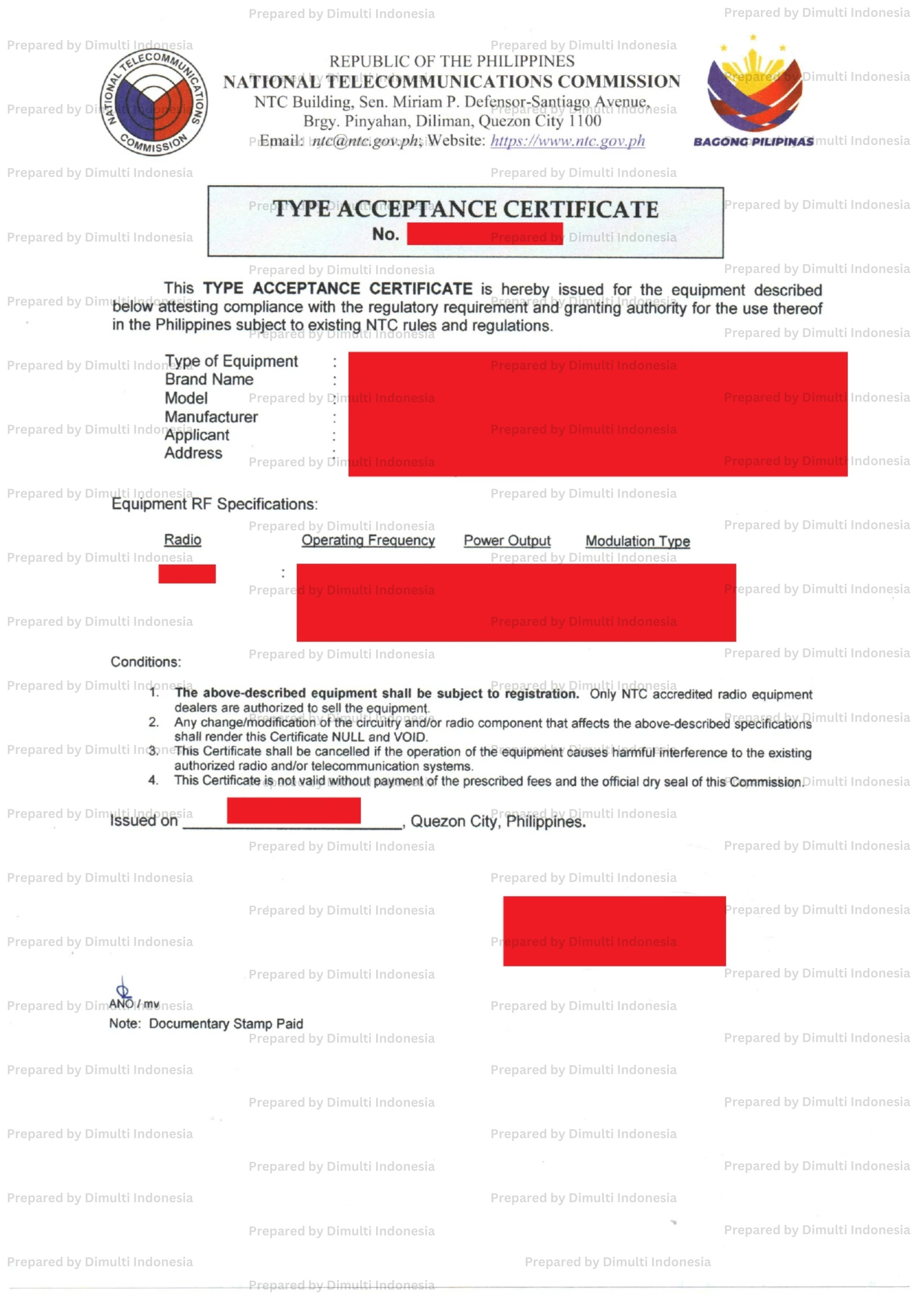 Philippines Type Approval Sample Certificate