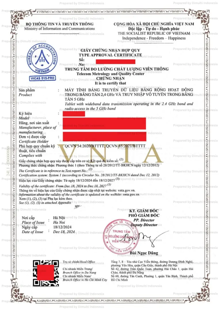 Sample of Certificate Vietnam Type Approval