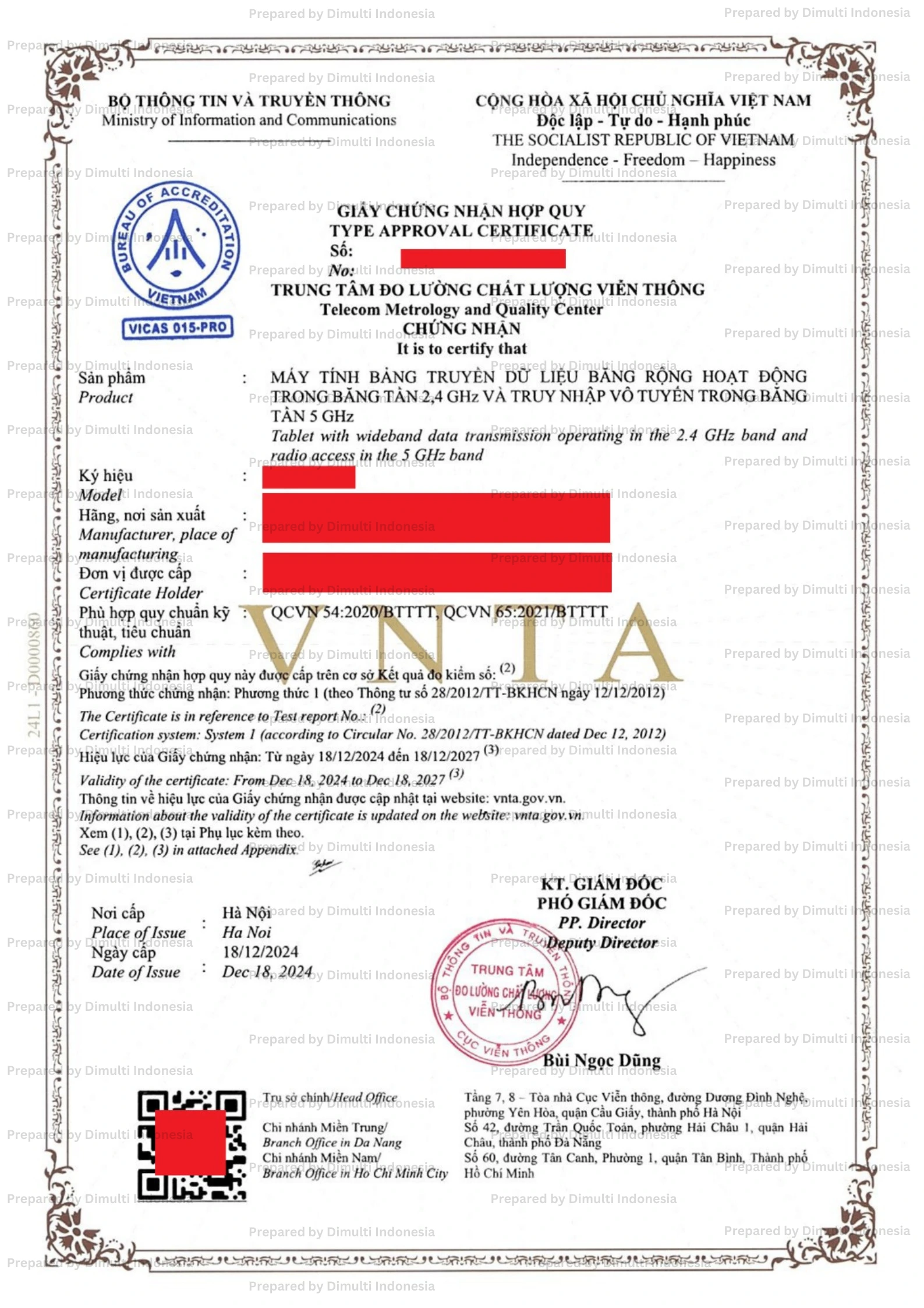 Vietnam Type Approval Sample Certificate