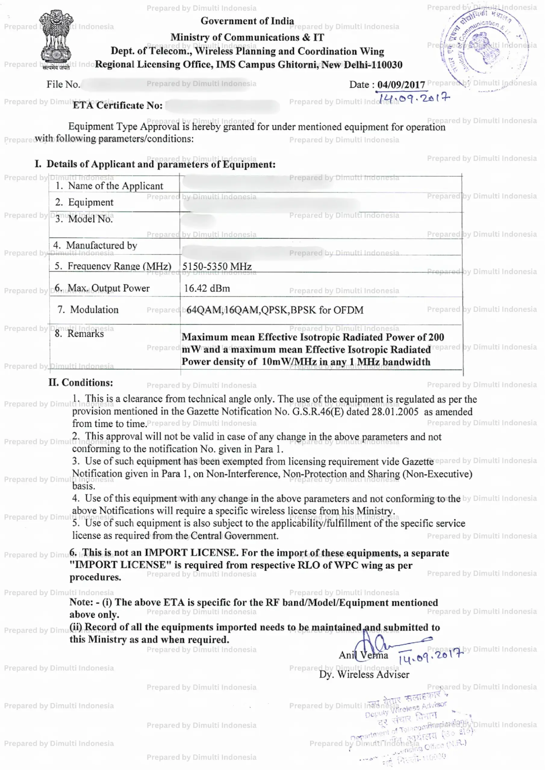 India Type Approval Sample Certificate of WPC ETA