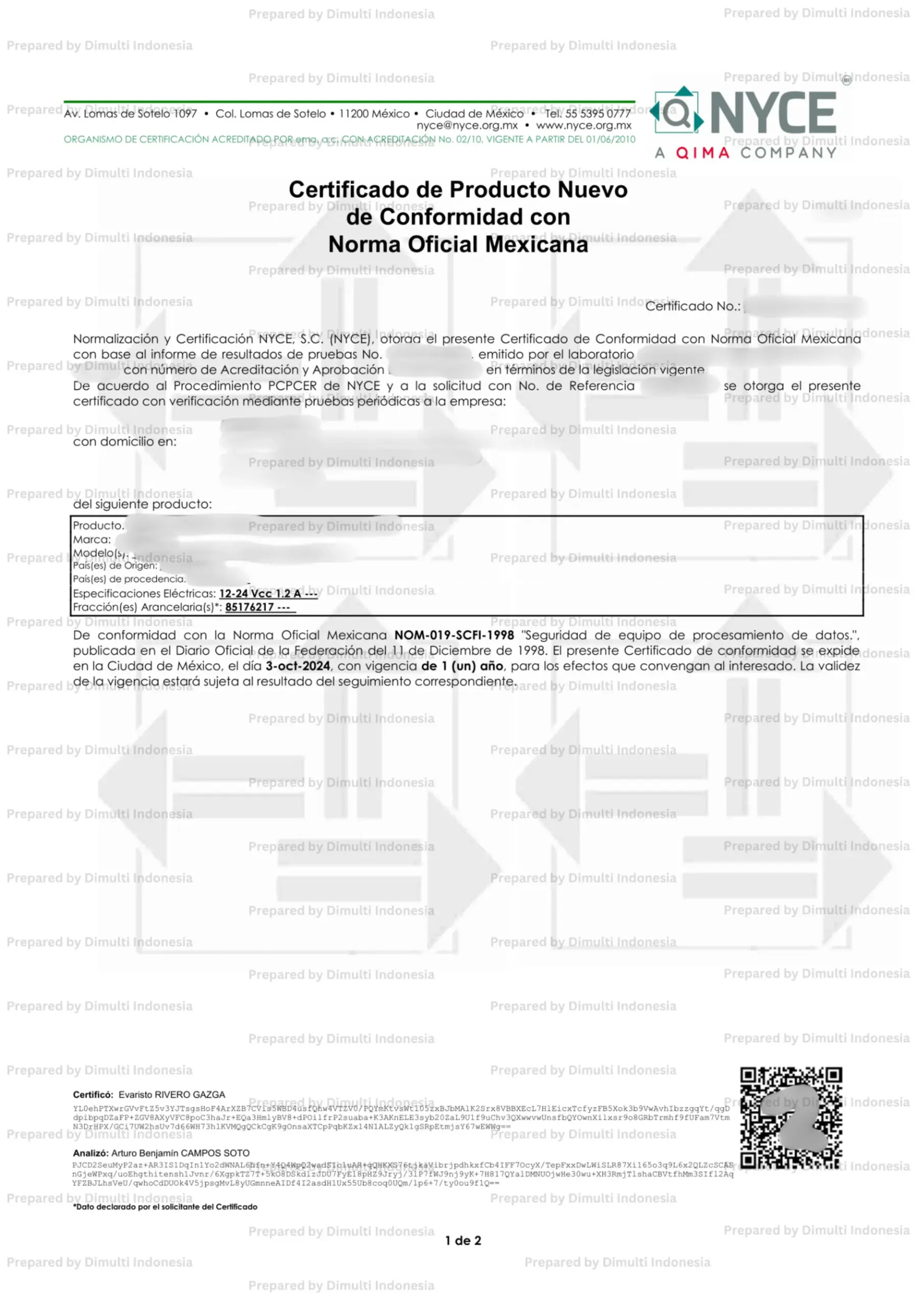 Mexico Type APproval Sample Certificate of NOM
