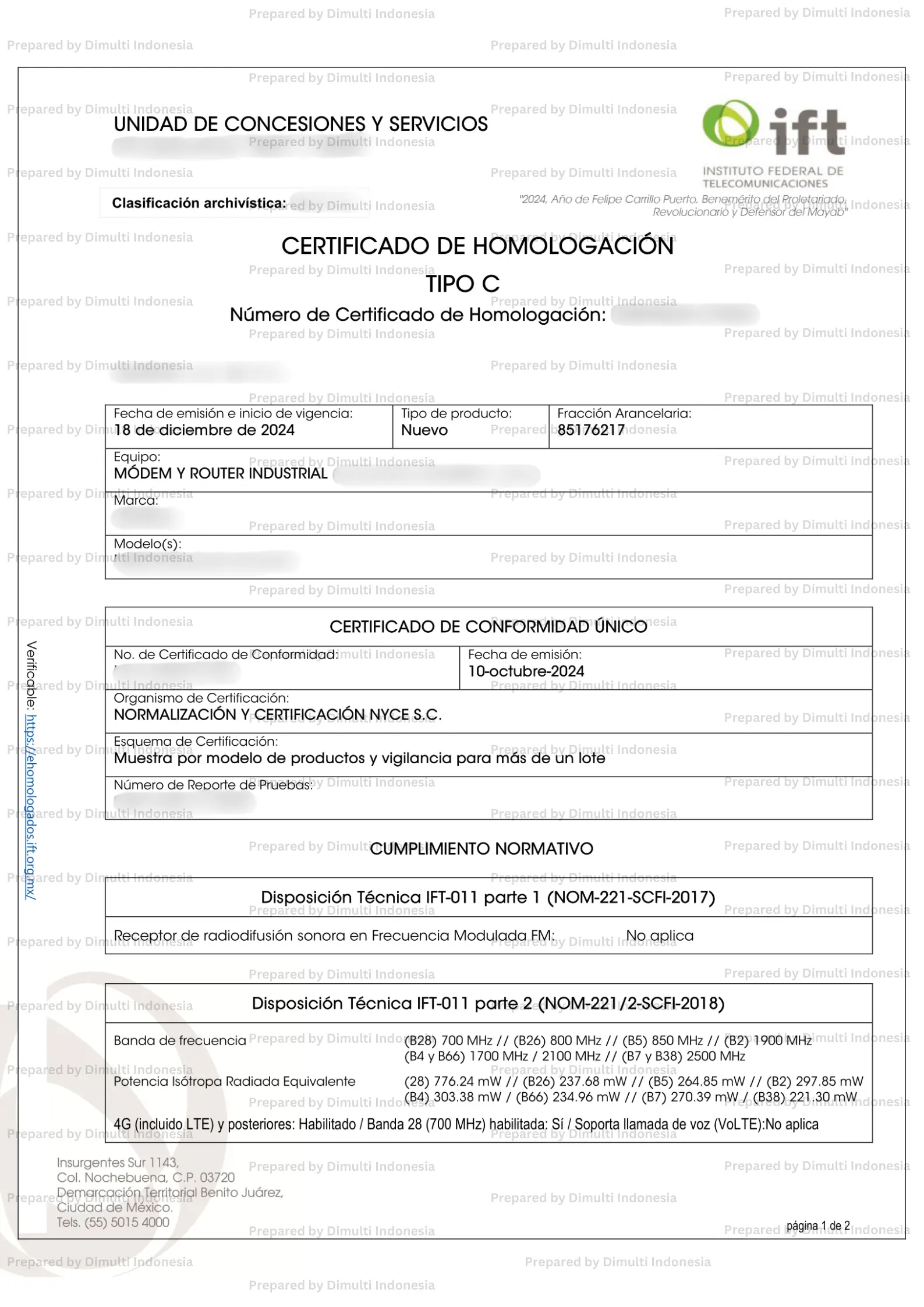 Mexico Type Approval Sample Certificate of CRT