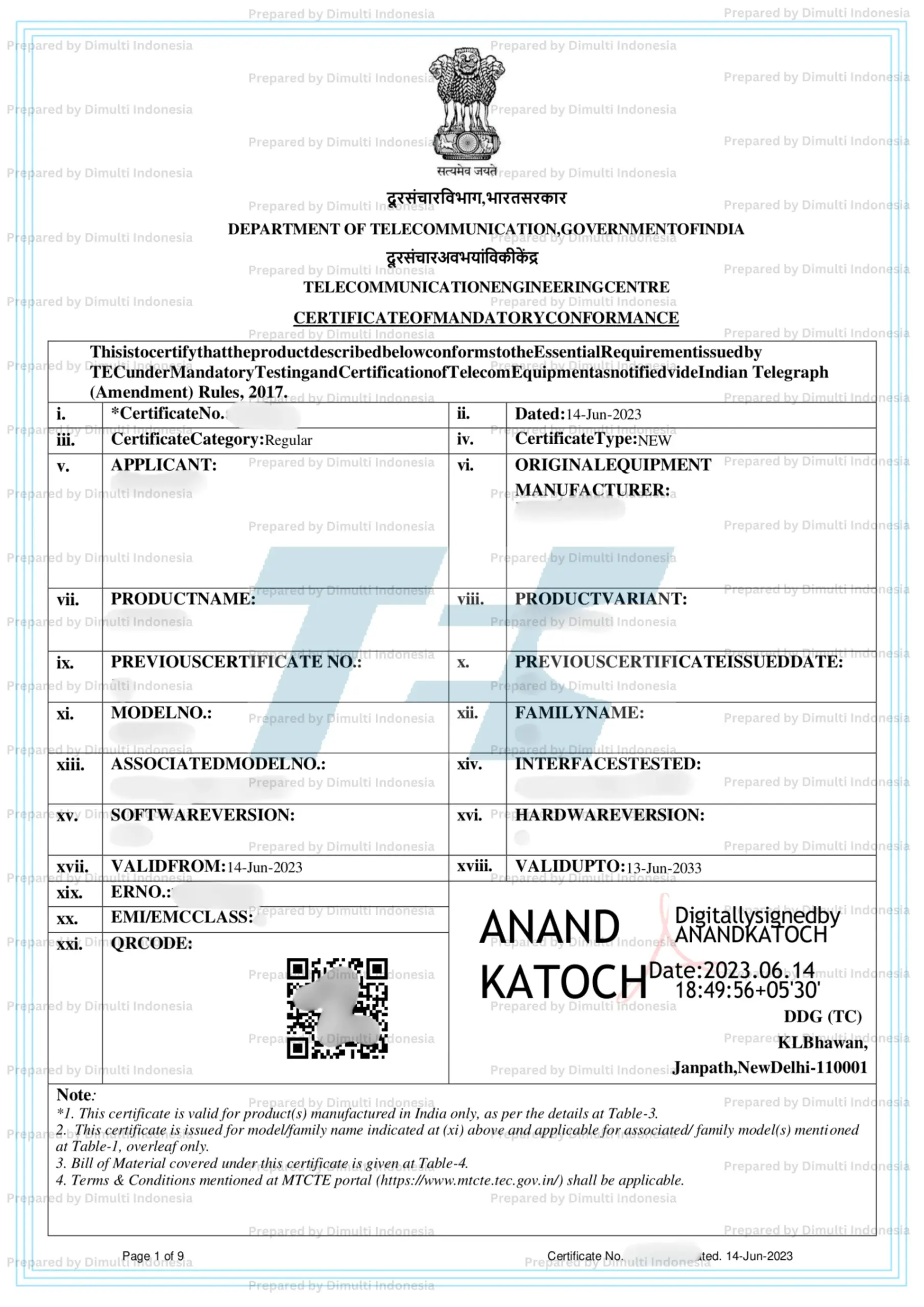 Sample of TEC MTCTE Certificate India Type Approval