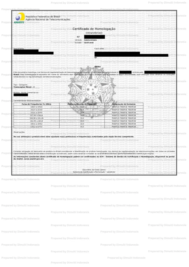 Sample of Certificate Brazil Type Approval