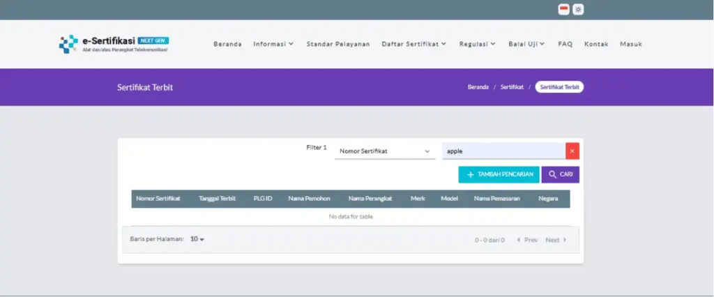 Contoh data tidak ditemukan di hasil pencarian produk bersertifikat DJID.