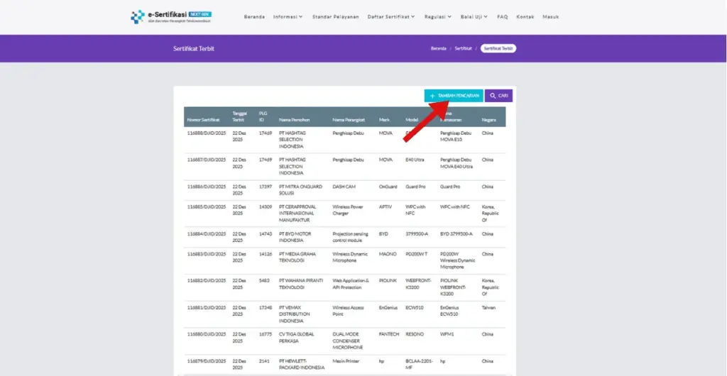 Menu Tambah pencarian di laman sertifikasi DJID.