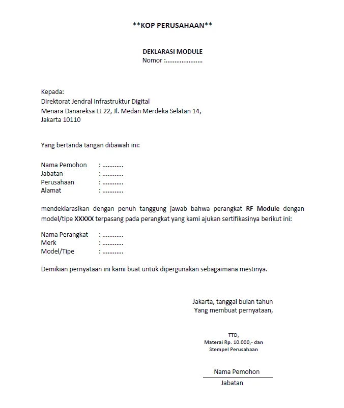 Contoh surat pernyataan penggunaan modul untuk produk telekomunikasi beserta variannya.