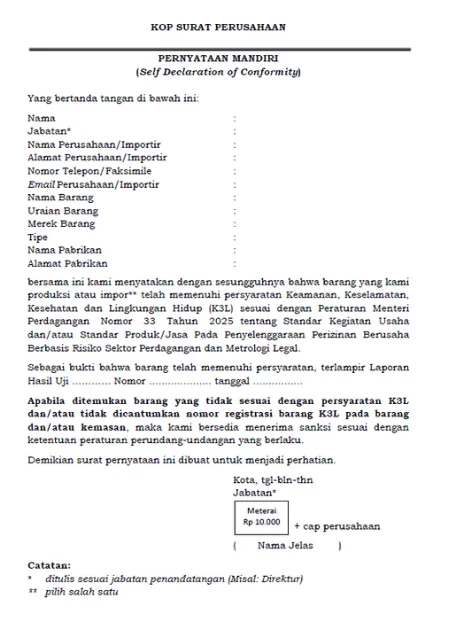 Contoh pernyataan Mandiri untuk sertifikasi K3L.