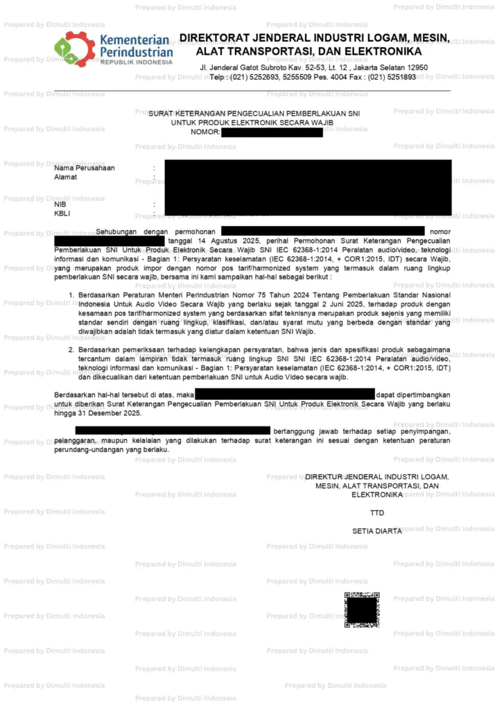 Contoh surat pengecualian SNI produk elektronik yang dikeluarkan Ditjen ILMATE Kemenperin.