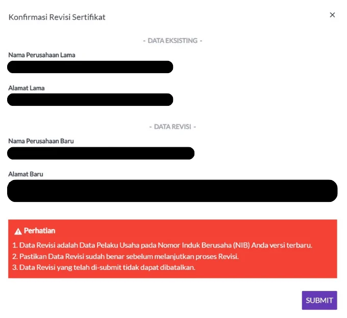 Pop Up konfirmasi revisi sertifikat dalam akun e-sertifikasi DJID. 