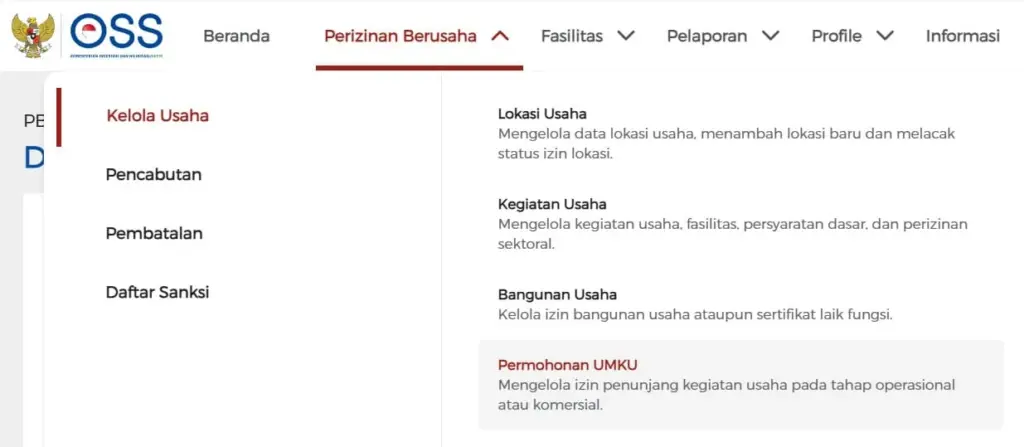 Toolbar perizinan usaha dalam akun OSS.