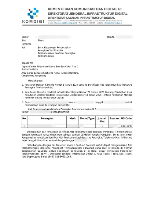 Contoh Surat Keterangan Sampel Uji.