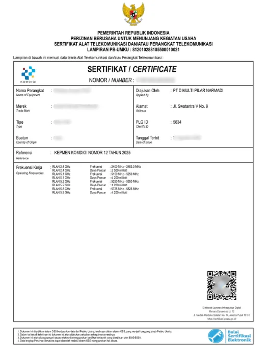 Contoh sertifikat DJID atas nama Dimulti Indonesia.