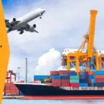 Ilustrasi kegiatan impor melalui udara dan laut. Ini pemahaman tentang pemeriksaan border dan post border dalam kegiatan impor.