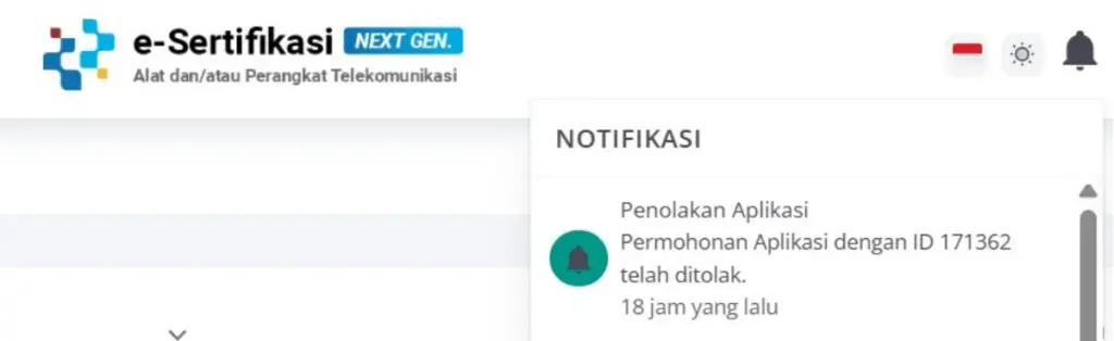 Contoh notifikasi permohonan sertifikasi DJID ditolak.