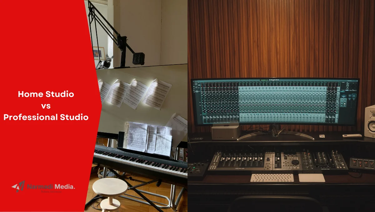 Ilustrasi perbandingan home studio vs professional studio.