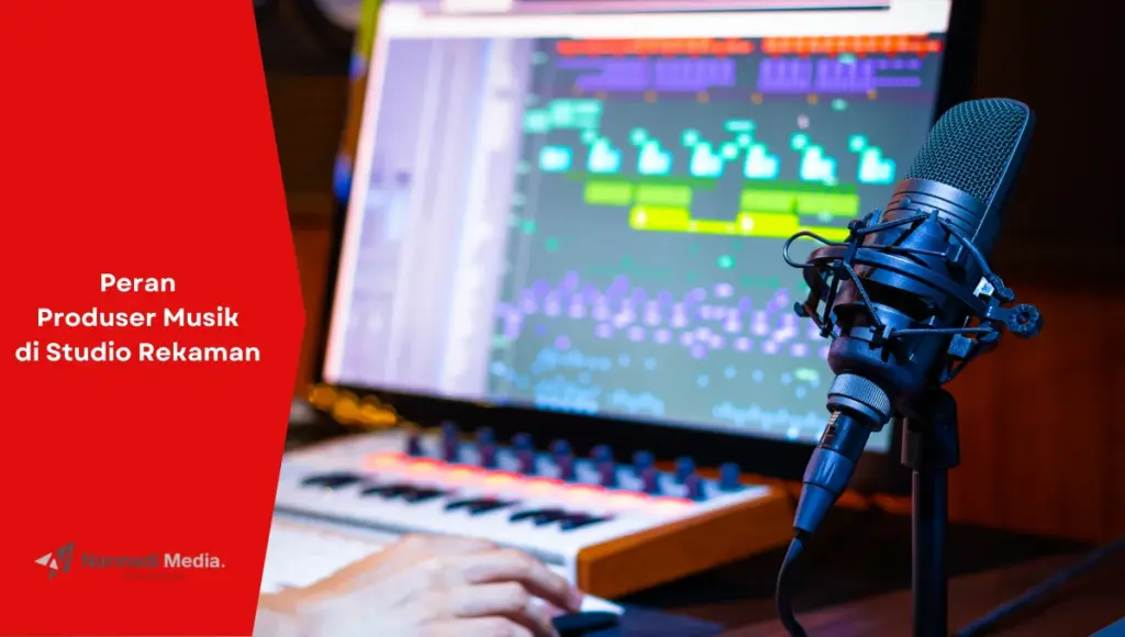 Ilustrasi produser musik di studio rekaman sedang menjalankan tugasnya.