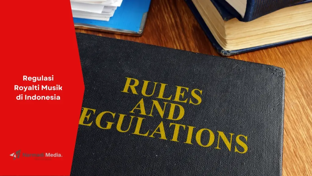 Ilustrasi buku berisi regulasi. Ini regulasi royalti musik di Indonesia.