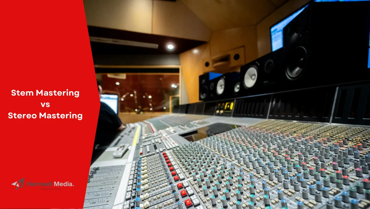 Ilustrasi peralatan mastering lagu di studio. Ini perbedaan stem mastering vs stereo mastering.