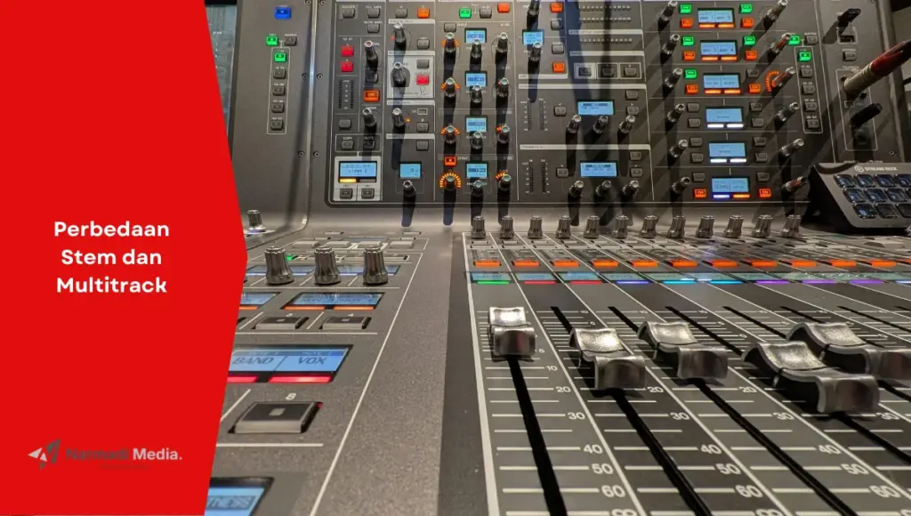 Ilustrasi peralatan untuk produksi musik. Ini perbedaan stem dan multitrack dalam produksi musik.