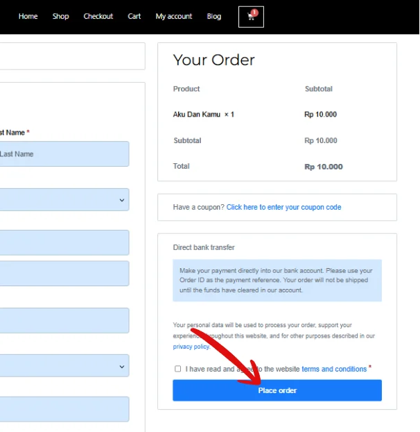 Klik Place Order untuk membuat pesanan.