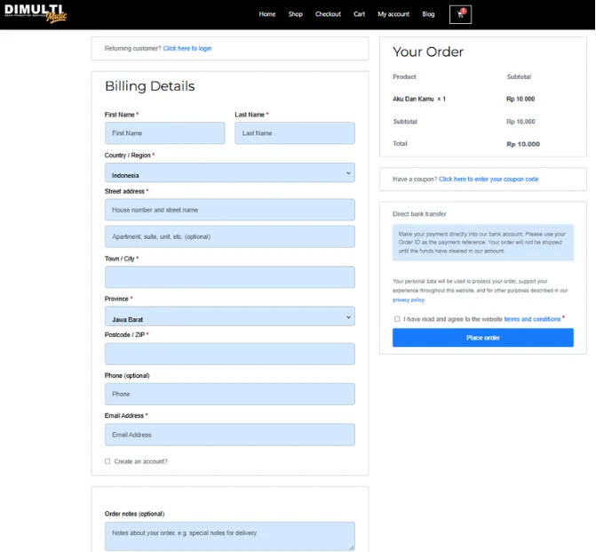 Tampilan ketika mengklik menu Checkout.